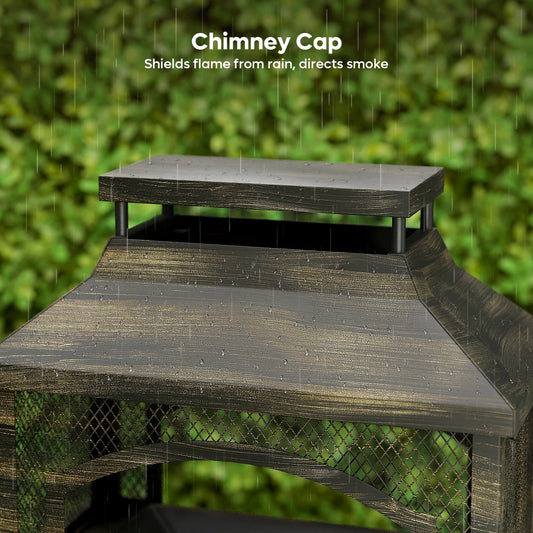 Fire Pits for outside Wood Burning, Outdoor Fireplace with Log Storage Rack, Freestanding Chiminea Fireplace with Mesh Screen and Pocker for Backyard Patio Party Camping Picnic, 37"