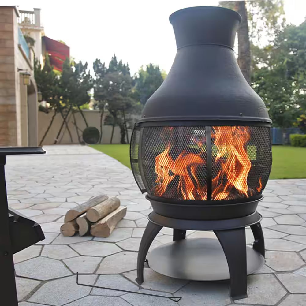 45 In. Outdoor Fireplace Wooden Black Fire Pit, Chimenea