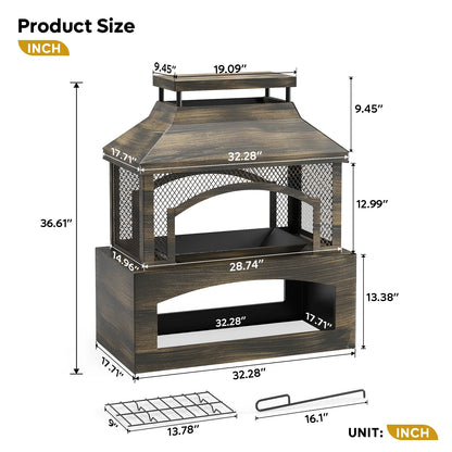 Fire Pits for outside Wood Burning, Outdoor Fireplace with Log Storage Rack, Freestanding Chiminea Fireplace with Mesh Screen and Pocker for Backyard Patio Party Camping Picnic, 37"