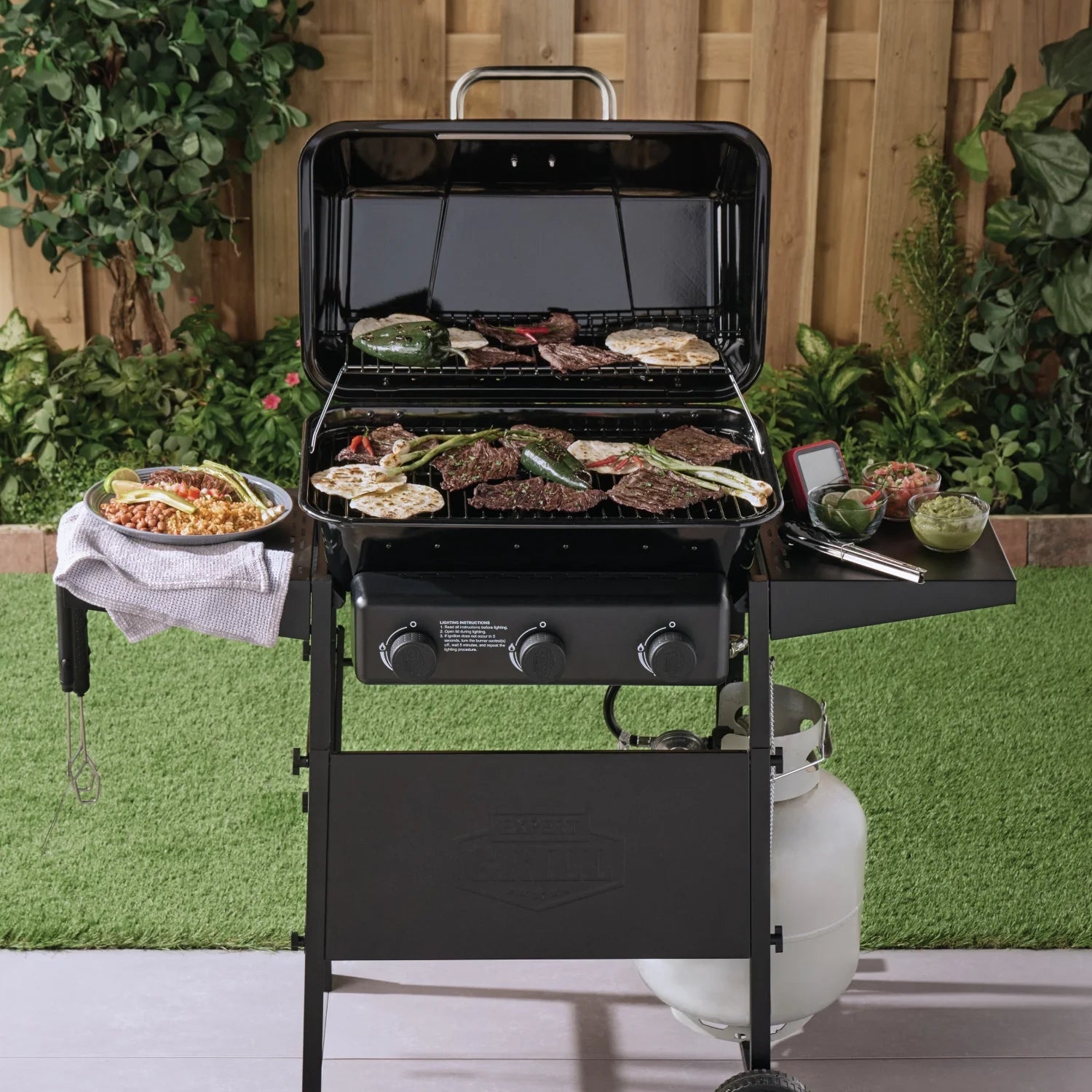 3-Burner Propane Gas Grill with Wheels and Side Shelves, Black