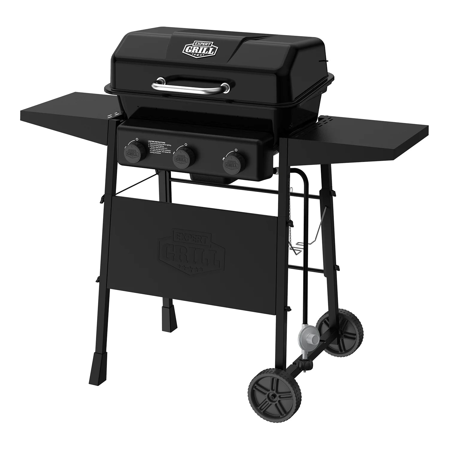 3-Burner Propane Gas Grill with Wheels and Side Shelves, Black
