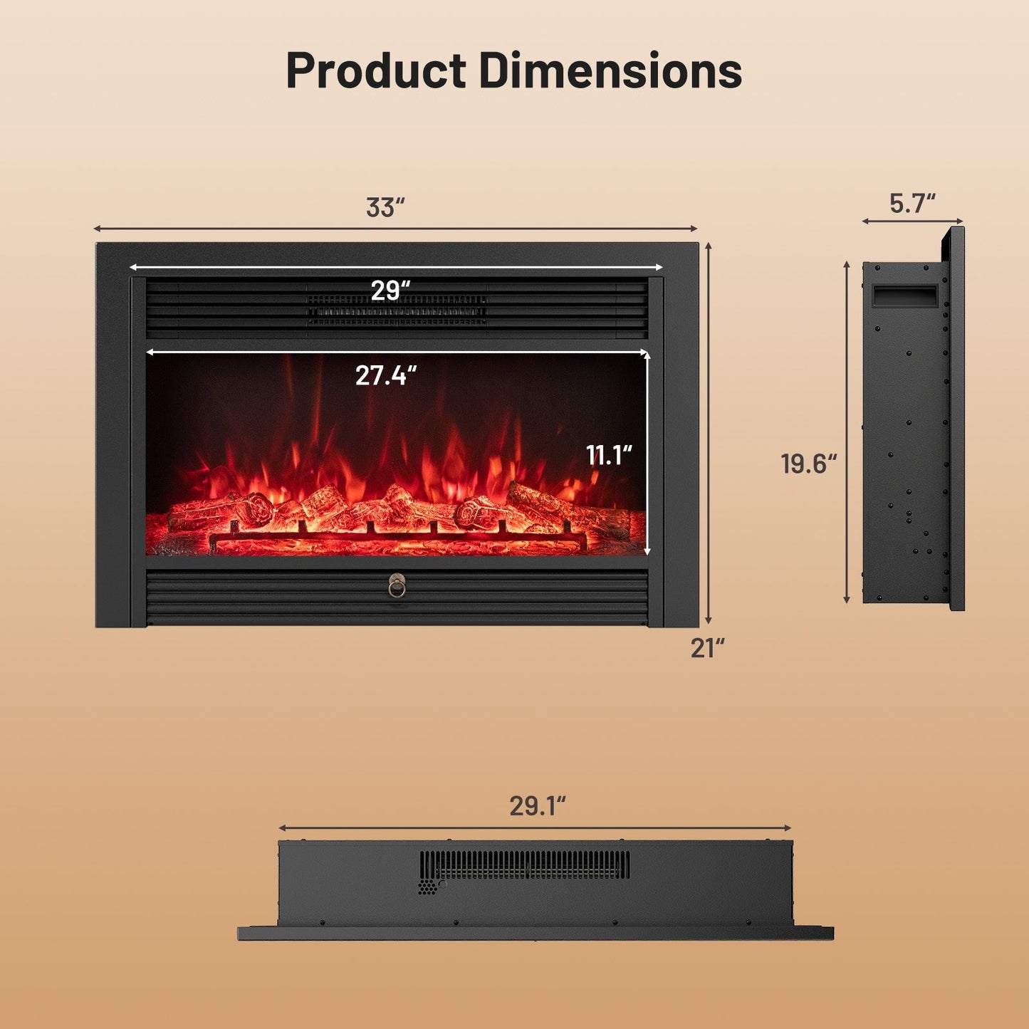 33/36-Inch Electric Fireplace Insert 750W/1500W Recessed Fireplace Heater