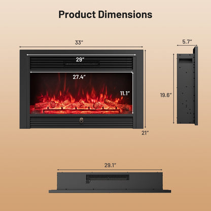 33/36-Inch Electric Fireplace Insert 750W/1500W Recessed Fireplace Heater