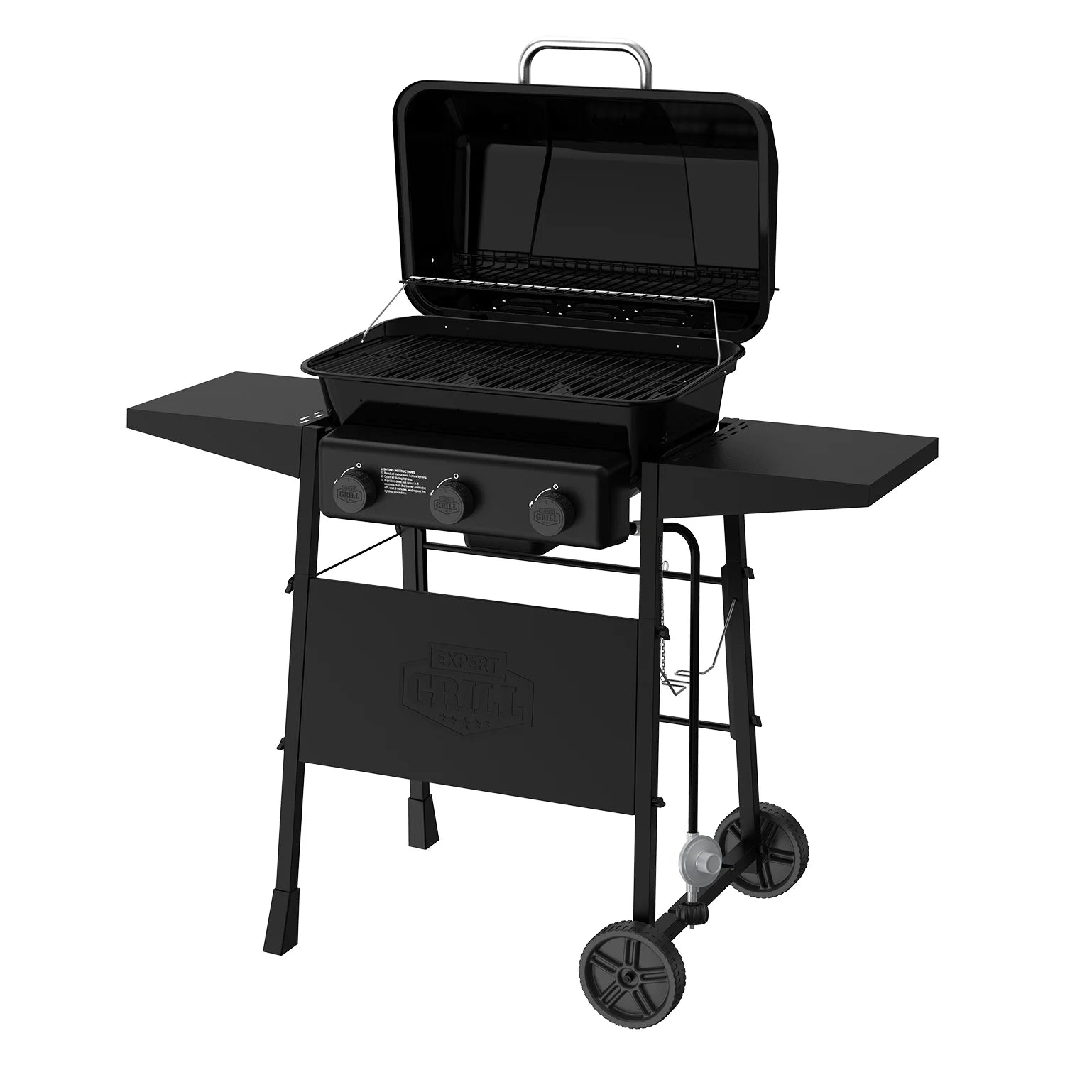 3-Burner Propane Gas Grill with Wheels and Side Shelves, Black