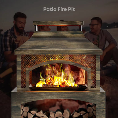 Fire Pits for outside Wood Burning, Outdoor Fireplace with Log Storage Rack, Freestanding Chiminea Fireplace with Mesh Screen and Pocker for Backyard Patio Party Camping Picnic, 37"