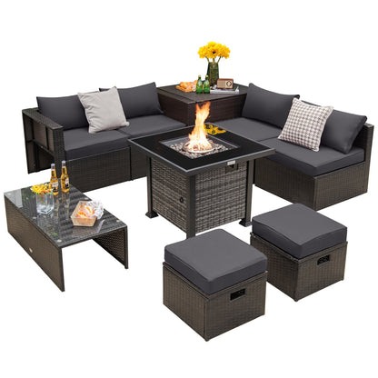 Outdoor 9 Pieces Patio Furniture Set with 50 000 BTU Propane Fire Pit Table
