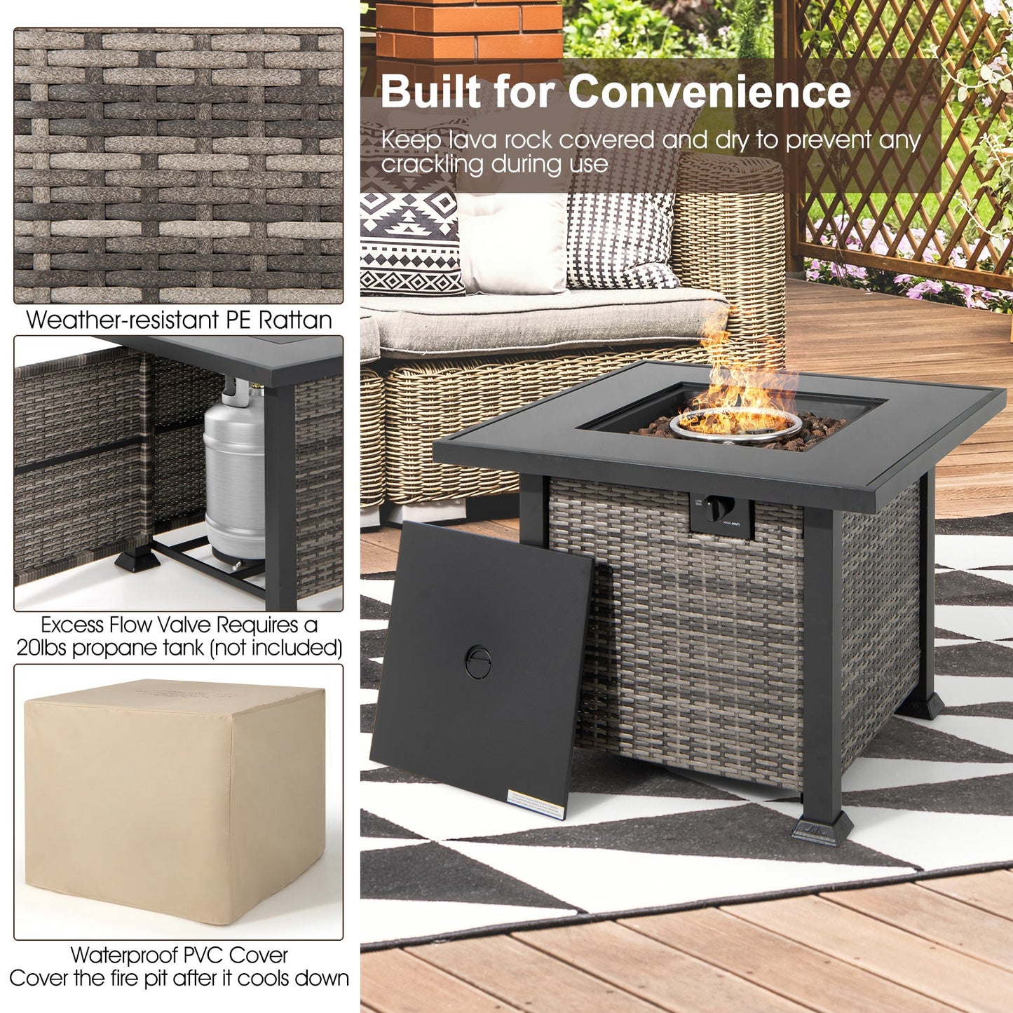 Outdoor 9 Pieces Patio Furniture Set with 50 000 BTU Propane Fire Pit Table