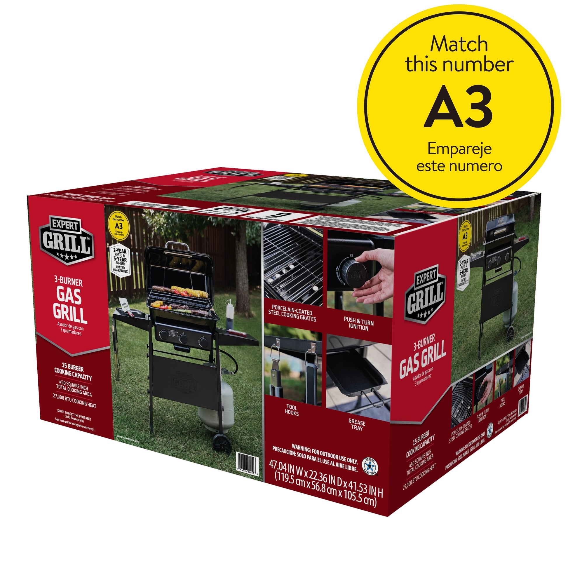 3-Burner Propane Gas Grill with Wheels and Side Shelves, Black