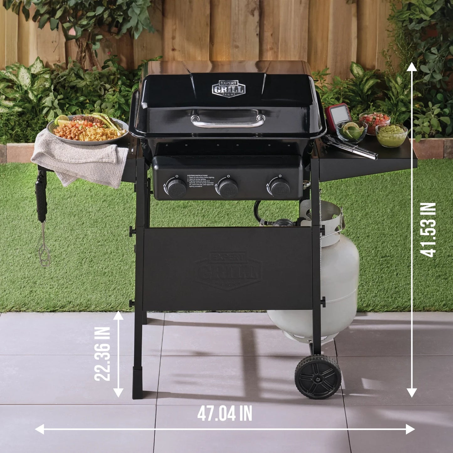 3-Burner Propane Gas Grill with Wheels and Side Shelves, Black