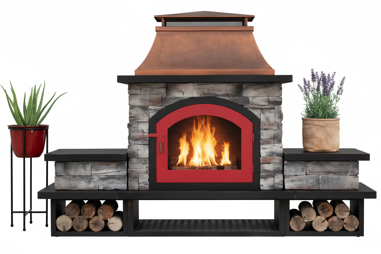 Outdoor 48 Inch Steel Wood Burning Stone Fireplace with Fire Poker and Removable Grate