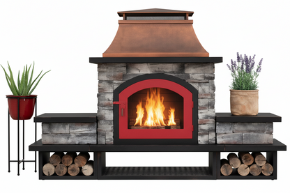 Outdoor 48 Inch Steel Wood Burning Stone Fireplace with Fire Poker and Removable Grate