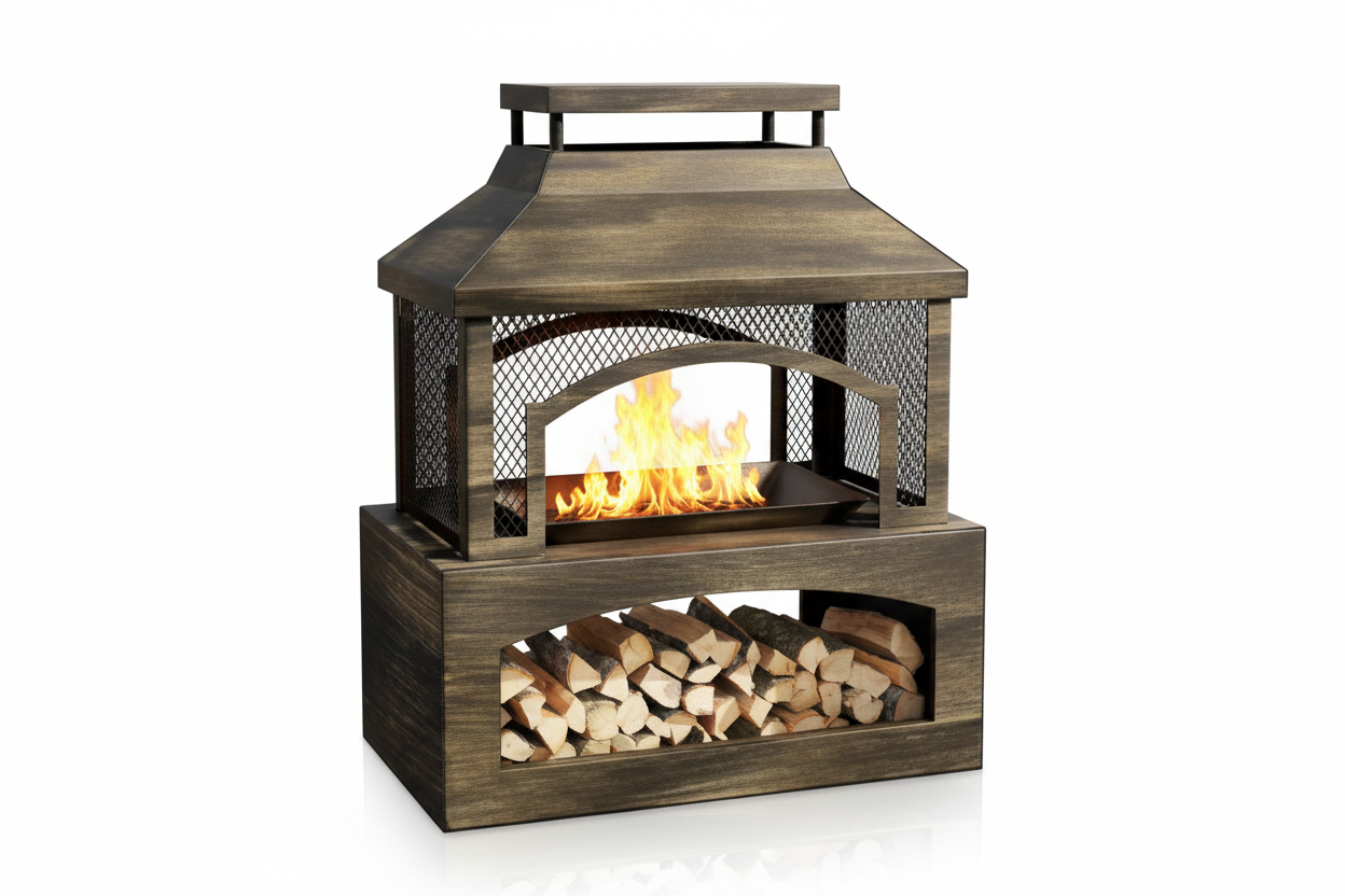 Fire Pits for outside Wood Burning, Outdoor Fireplace with Log Storage Rack, Freestanding Chiminea Fireplace with Mesh Screen and Pocker for Backyard Patio Party Camping Picnic, 37"