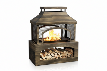 Fire Pits for outside Wood Burning, Outdoor Fireplace with Log Storage Rack, Freestanding Chiminea Fireplace with Mesh Screen and Pocker for Backyard Patio Party Camping Picnic, 37"