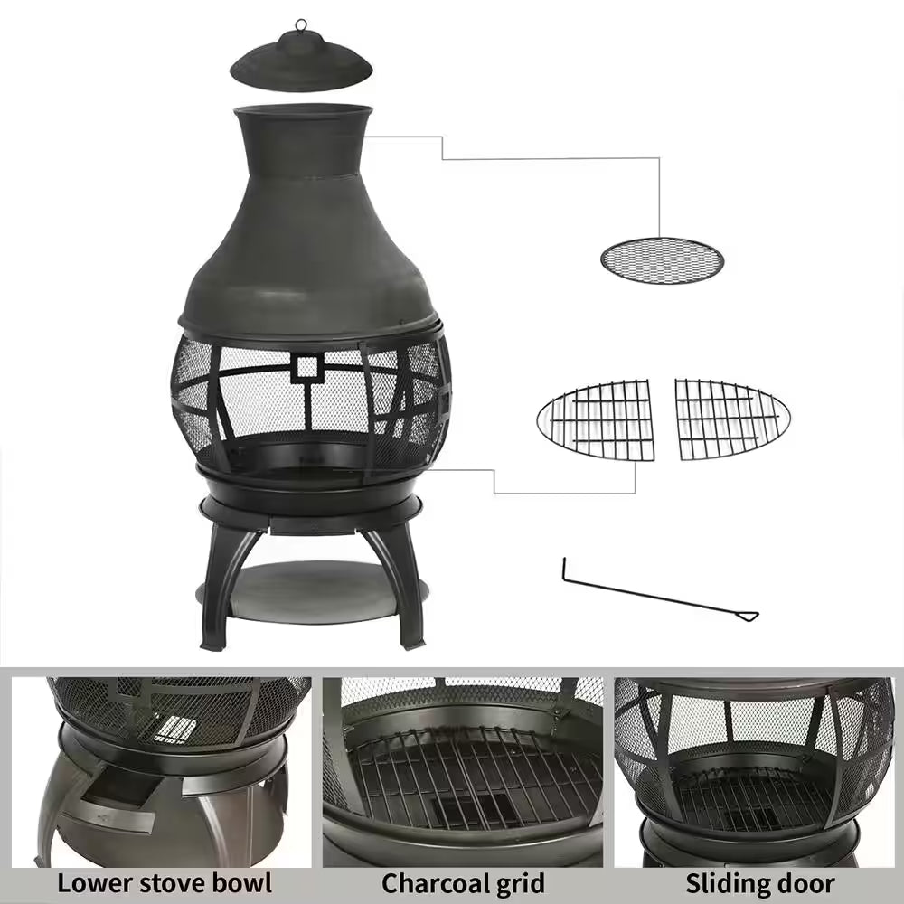 45 In. Outdoor Fireplace Wooden Black Fire Pit, Chimenea