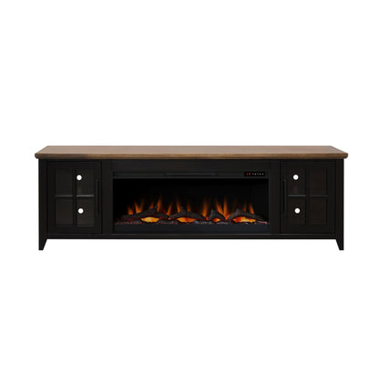 Nuvia 83-Inch Bourbon Black TV Stand With Fireplace And Glass Windowpane Doors (SAK40281)