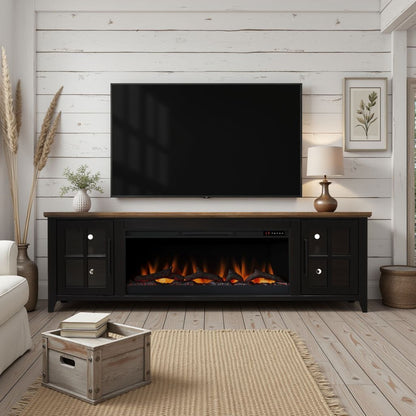 Nuvia 83-Inch Bourbon Black TV Stand With Fireplace And Glass Windowpane Doors (SAK40281)